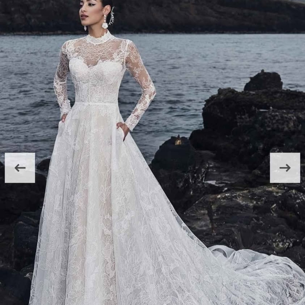 Lace High-Neck Long-Sleeve White Bridal Gown